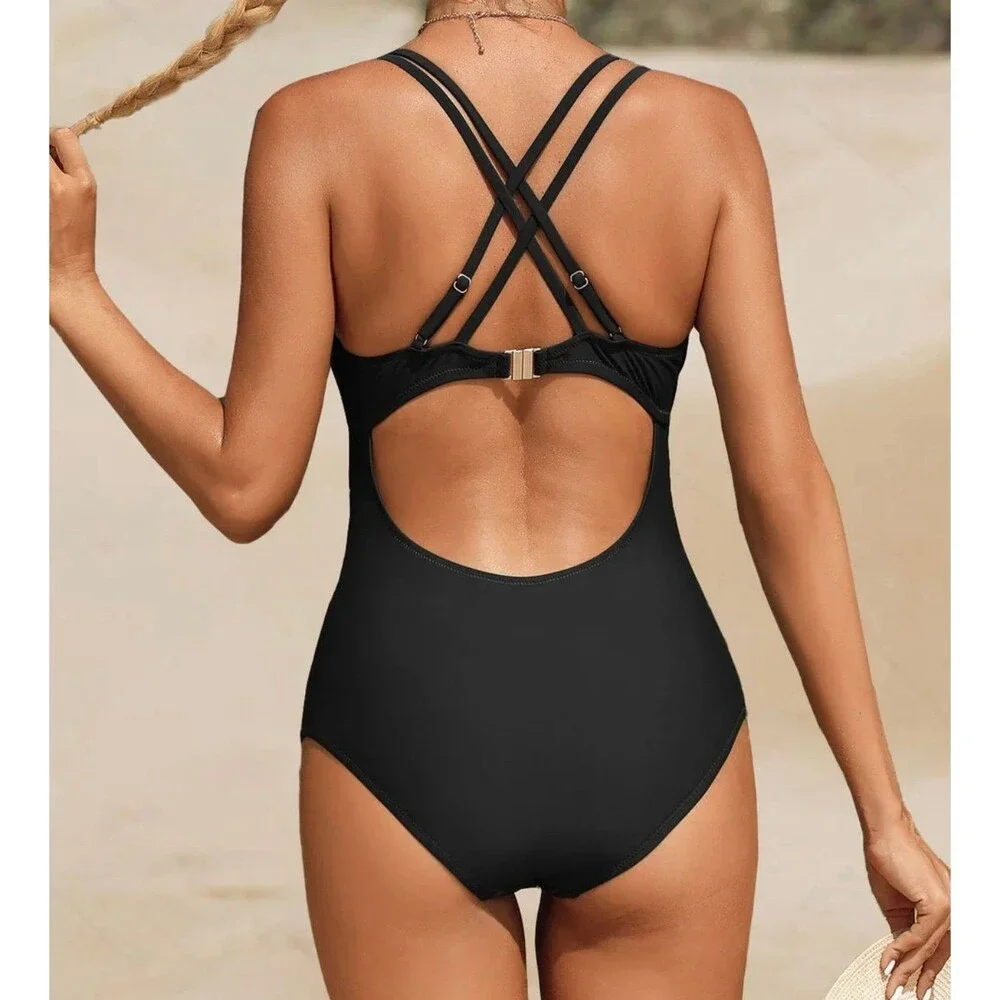 Charmo V Neck Tummy Control Criss Cross Light One-Piece Swimsuit Size L New